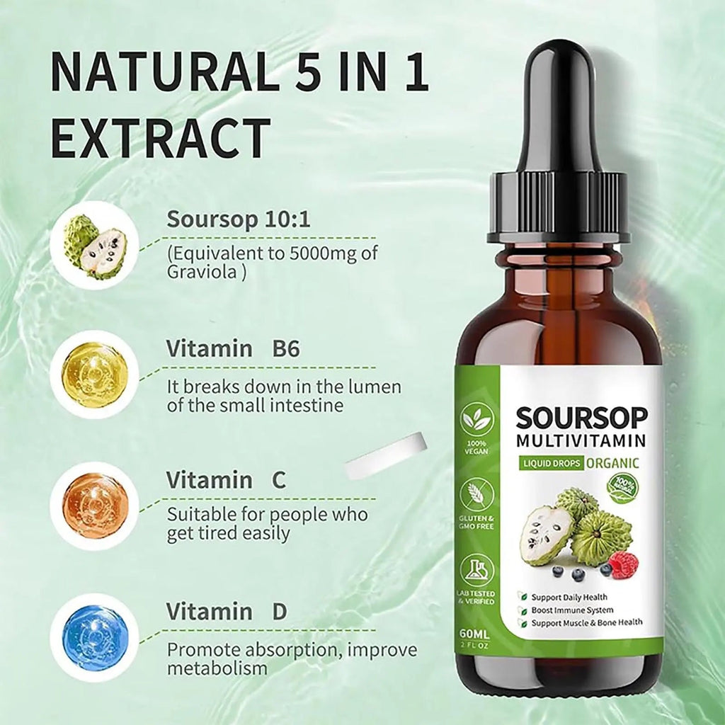 Soursop Bitters Liquid 2 Fl Oz, Soursop Graviola Leaf Extract Liquid Drop, Soursop Multivitamin Liquid Drops Organic for Cell Support, Immune System, Relax bogomo