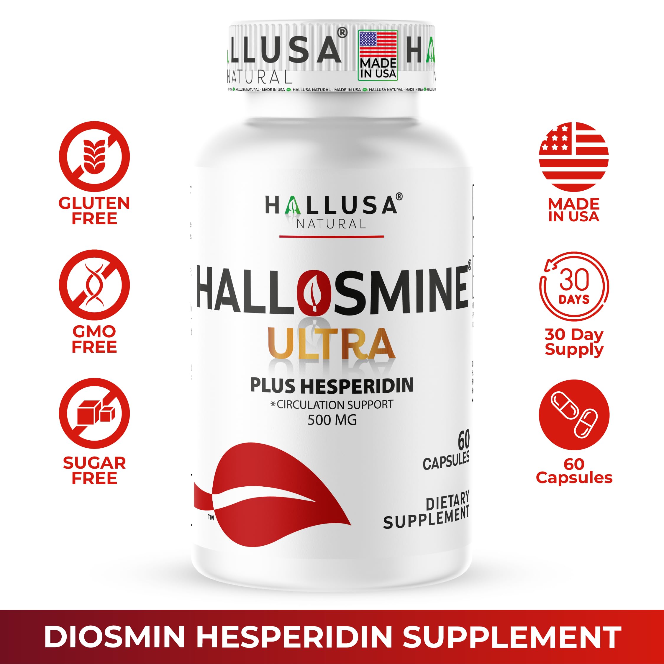Hallusa Natural Hallosmine Ultra Diosmin 500mg & Hesperidin 150mg – Heavy Legs, Swelling & Vein - Blood Circulation Supplements, 60 Caps Hallusa NaturalBuy Supplements Australia