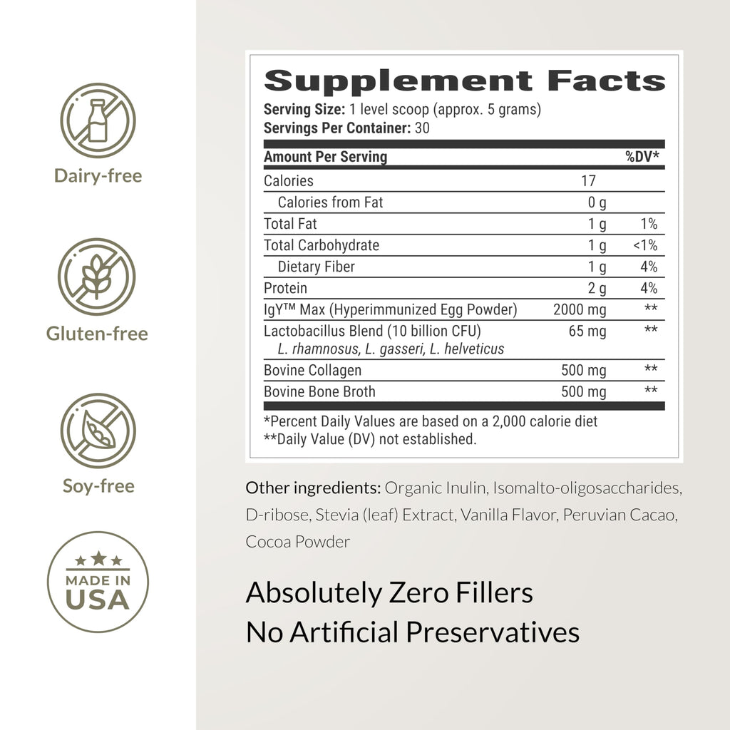 Microbiome Breakthrough Gut Support Powder Chocolate Flavor With Lactobacillus Strains, Bone Broth & Collagen Source of L-Glutamine Supports Digestive Comfort, Gas & Bloating Relief 30 Servings*