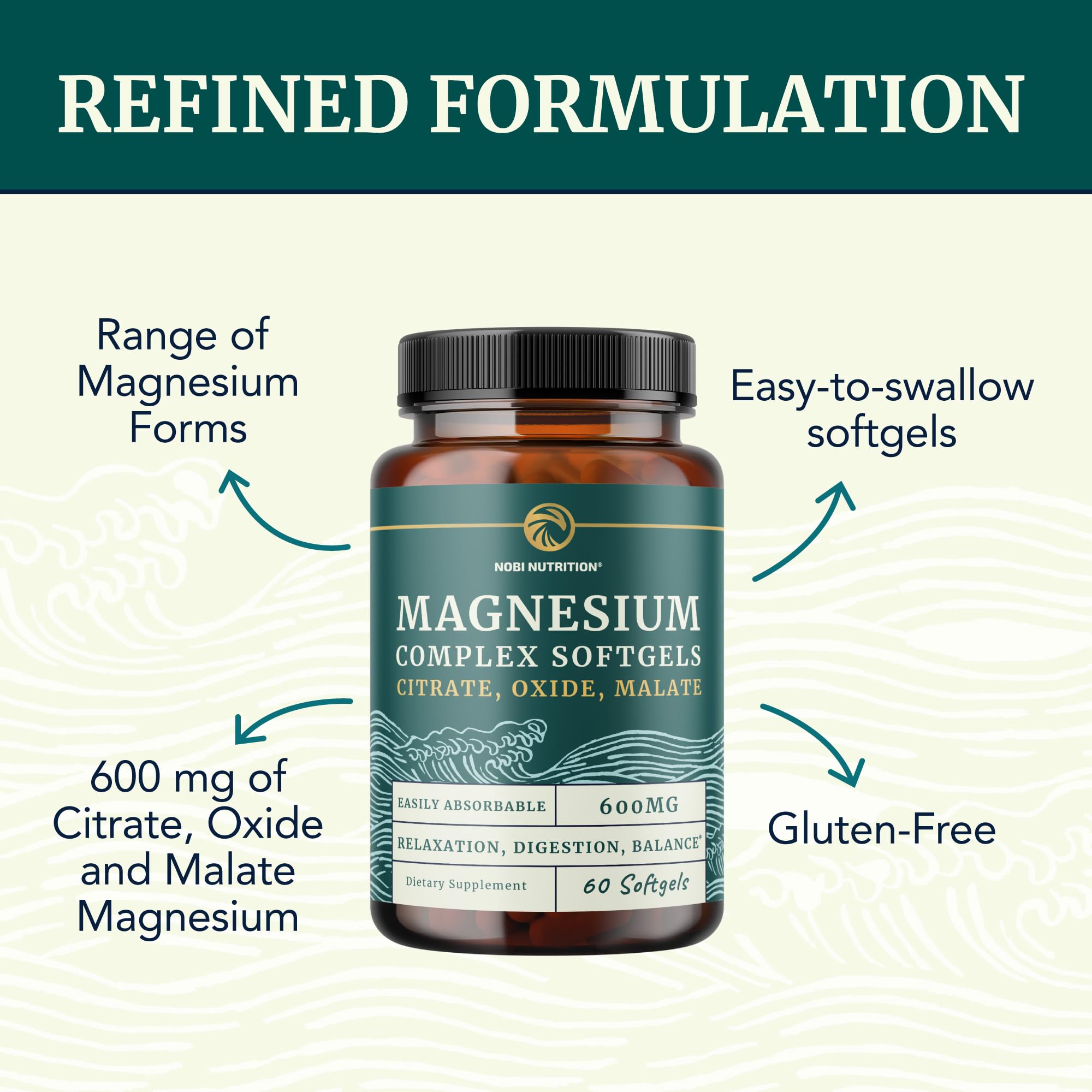 Triple Magnesium Softgels | Citrate, Malate, & Oxide | Highly Absorbable Magnesium Supplement for Digestion, Calm, Leg Cramps, & Sleep Support | 300mg Complex | Easy to Swallow Soft Gels | 60 Count Nobi Nutrition buy supplements Au