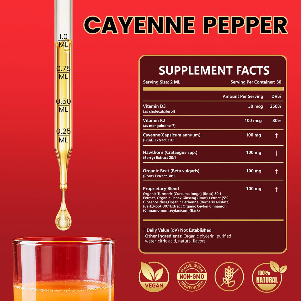 Cayenne Pepper Drops Supplement Liquid with Hawthorn Berry, Vitamin D3 K2, Turmeric Curcumin, Beet Root, Ceylon Cinnamon Vegan- Friendly - 60ml Rshoiw buy supplements Au