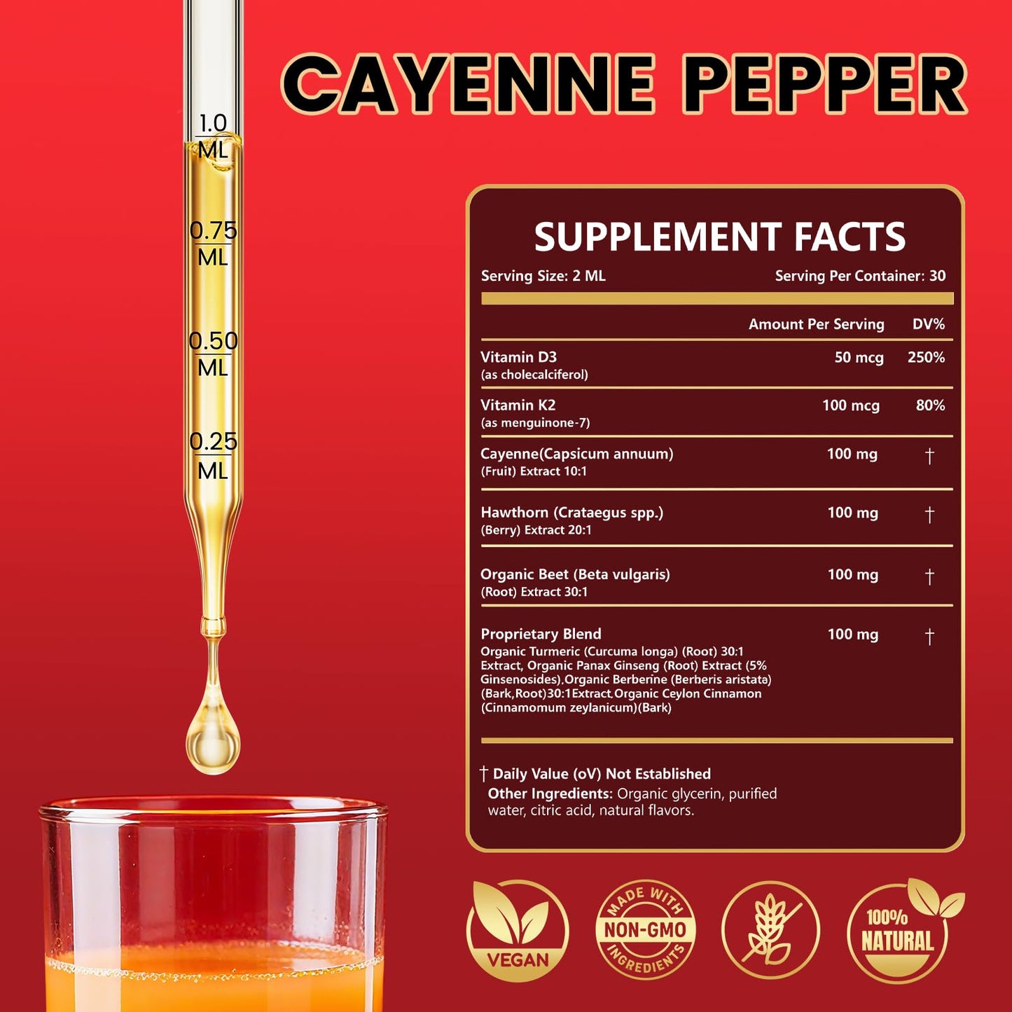 Cayenne Pepper Drops Supplement Liquid with Hawthorn Berry, Vitamin D3 K2, Turmeric Curcumin, Beet Root, Ceylon Cinnamon Vegan- Friendly - 60ml Rshoiw buy supplements Au