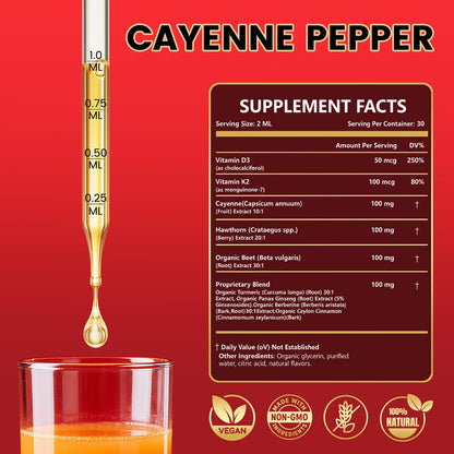 Cayenne Pepper Drops Supplement Liquid with Hawthorn Berry, Vitamin D3 K2, Turmeric Curcumin, Beet Root, Ceylon Cinnamon Vegan- Friendly - 60ml Rshoiw buy supplements Au