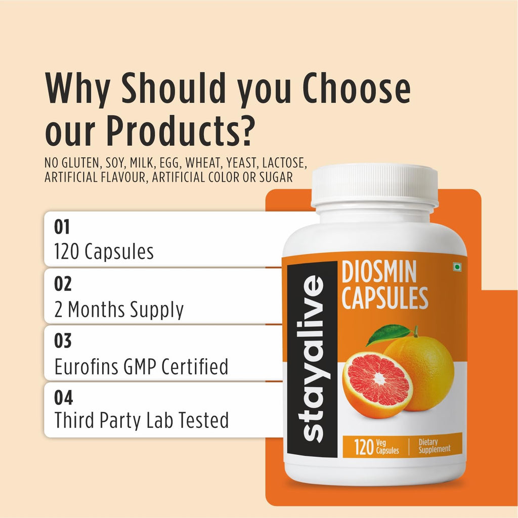 STAY ALIVE Pure Diosmin Complex 1000mg Formula, 120 Capsules, Citrus Bioflavonoids Rich Fruit Extract, 2 Month Supply, 100% Vegetarian, Non-GMO & Gluten Free Diosmin Supplement STAY ALIVE buy supplements Au