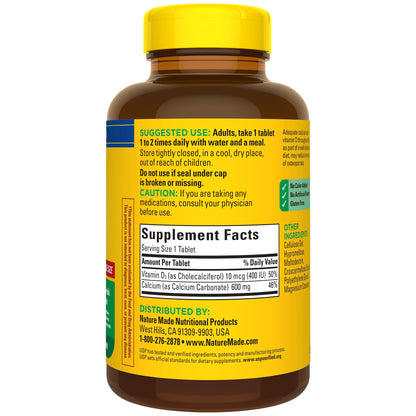 Nature Made Calcium 600 mg with Vitamin D3, Dietary Supplement for Bone Support, 220 Tablets