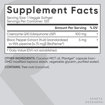 Sports Research CoQ10 (100mg) Enhanced w/Coconut Oil & Bioperine (Black Pepper) for Better Absorption | Vegan Certified, Non-GMO Verified (120 Veggie Softgels) Sports Research buy supplements Au