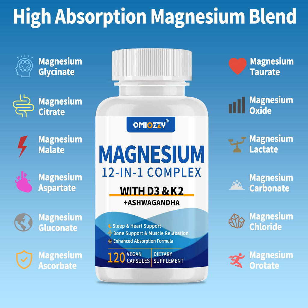 Magnesium Complex 12 in 1 Supplement for Women & Men 700mg, Magnesium Glycinate with Vitamin D3 K2, Citrate Malate Oxide Taurate Aspartate Orotate, for Relaxation, Heart, Energy, Muscle, 120 Capsules Qmiozzy buy supplements Au