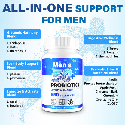Probiotics for Men, Advanced 50+ Mens Probiotic, Comprehensive Gut & Energy Support with 850 Billion CFU, 1800mg Prebiotics Fiber – Tailored Wellness mens probiotics