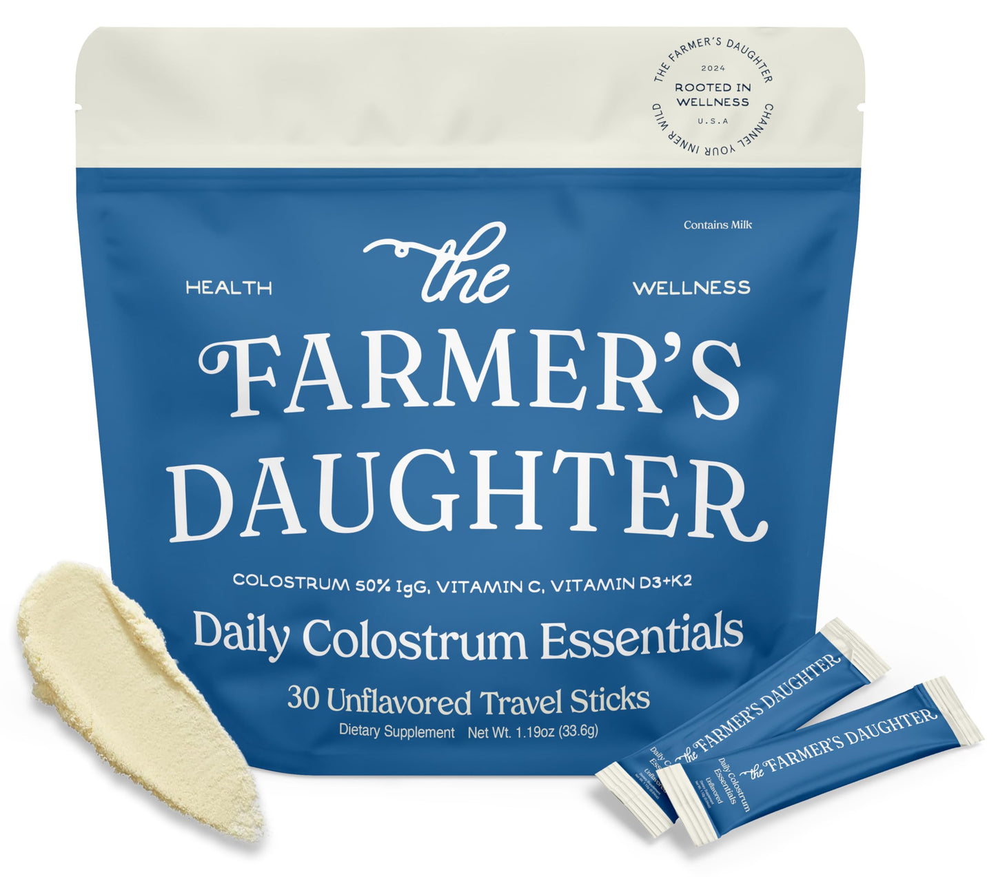 The Farmer's Daughter Daily Colostrum Essentials packaging with two travel sticks on a white background