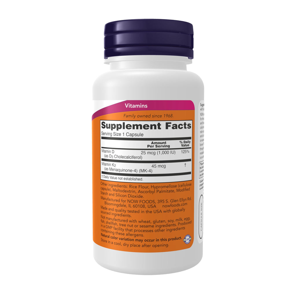 NOW Supplements, Vitamin D-3 & K-2, 1,000 IU/45 mcg,Plus Cardiovascular Support*, Supports Bone Health*, 120 veg Capsules NOW Foods buy supplements Au