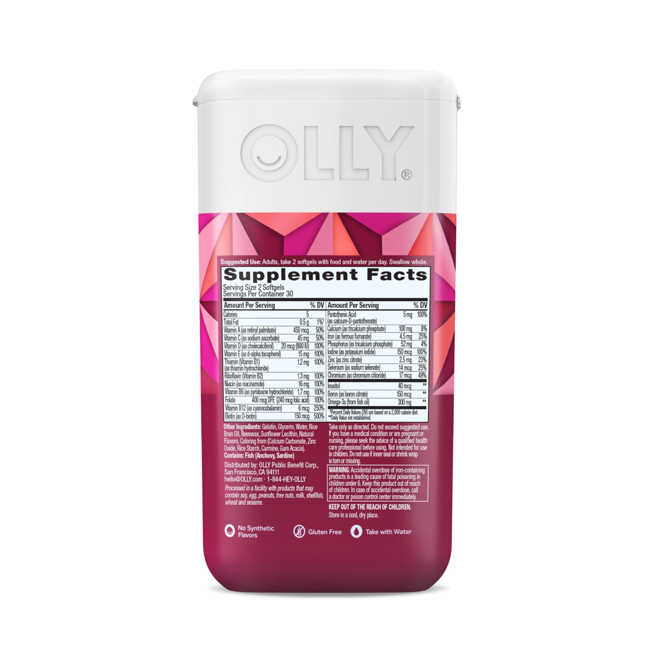 OLLY Ultra Women's Multi Softgels, Overall Health and Immune Support, Omega-3s, Iron, Vitamins A, D, C, E, B12, Daily Multivitamin, 30 Day Supply - 60 Count