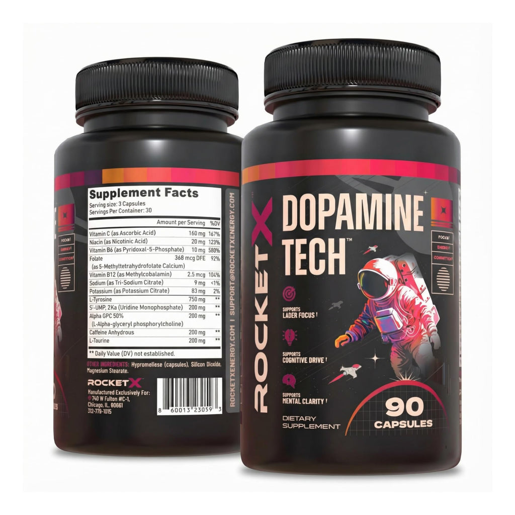 RocketX Dopamine Tech Brain Food Supplement, with L-Tyrosine and B Vitamins for Focus, Mental Clarity and Cognitive Drive, Vegan Capsules, 90 Capsules RocketX EnergyBuy Supplements Australia