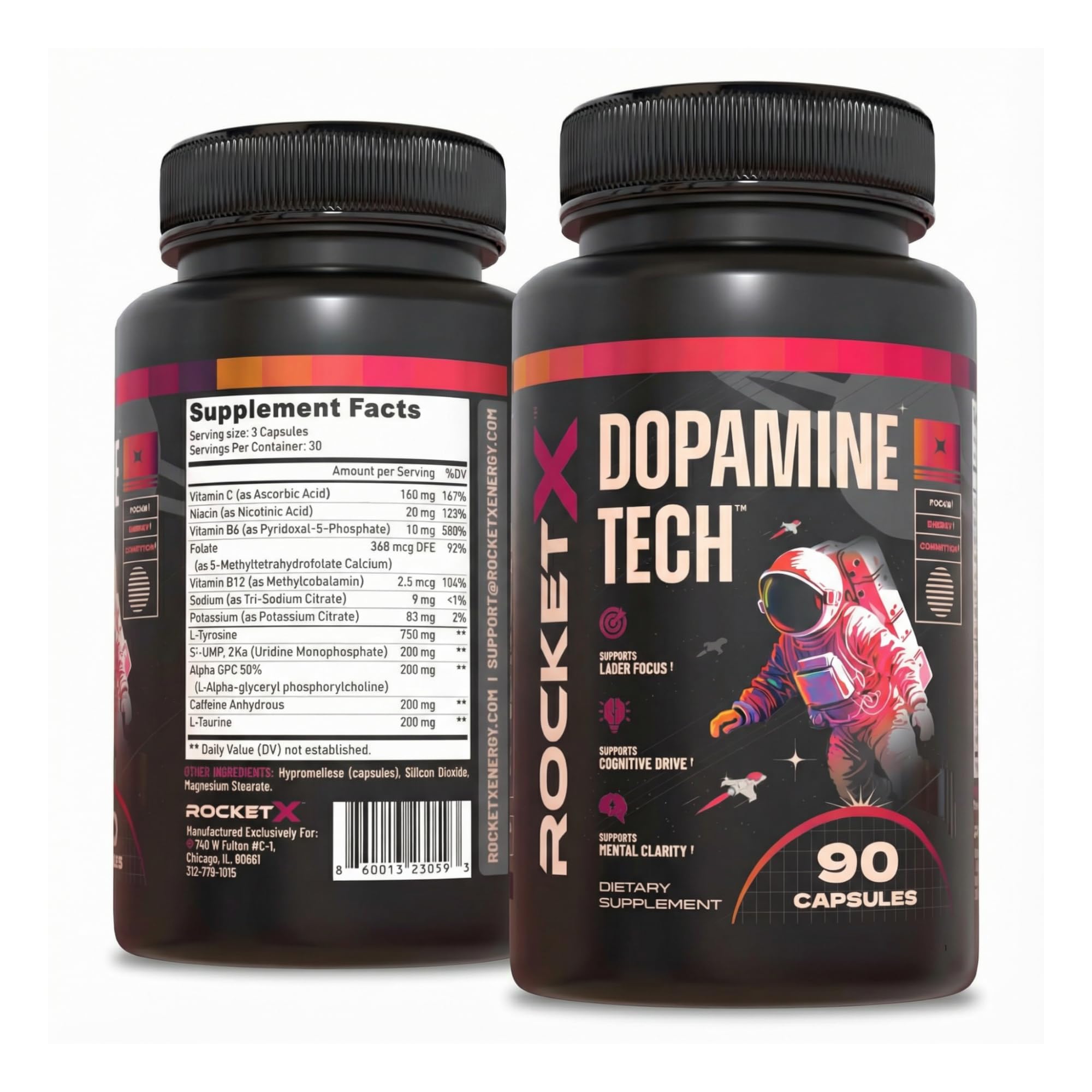 RocketX Dopamine Tech Brain Food Supplement, with L-Tyrosine and B Vitamins for Focus, Mental Clarity and Cognitive Drive, Vegan Capsules, 90 Capsules RocketX EnergyBuy Supplements Australia