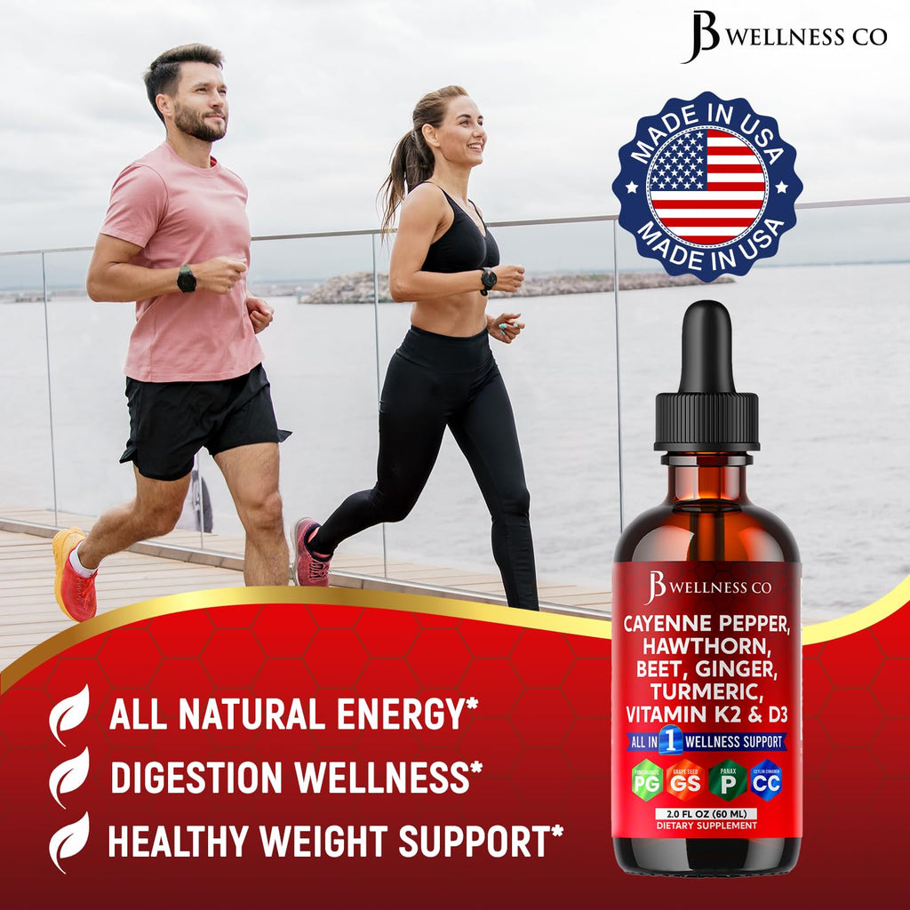 Cayenne Pepper Supplement Liquid Drops + Hawthorn Berry, Vitamin D3 K2 Beet Root Powder, Ceylon Cinnamon, Turmeric Curcumin, Organic Panax Ginseng - 4oz JB Wellness Co buy supplements Au