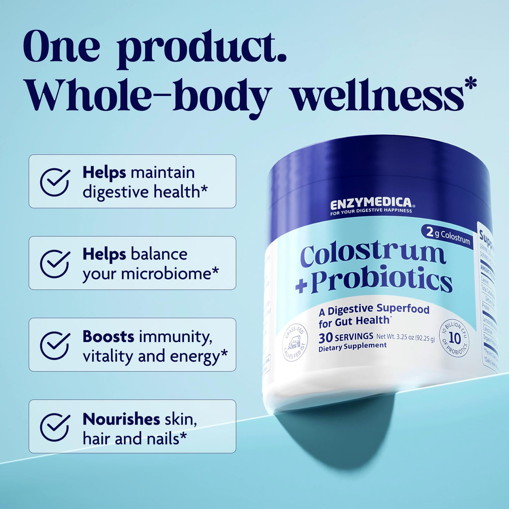 Enzymedica Colostrum + Probiotics Powder Supplement - Grass Fed Bovine Colostrum for Women & Men, Peptide & Lactoferrin Support, Promotes Hair, Skin, Nails, Immune & Gut Health, Gluten Free - 3.25 oz EnzymedicaBuy Supplements Australia