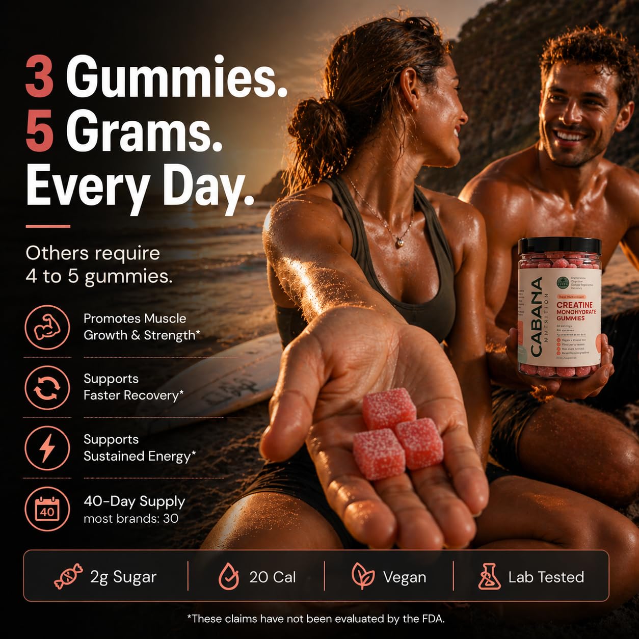 Creatine Monohydrate Gummies 5g - Only 2g Sugar, Made in USA - Sour Watermelon Flavor - Vegan & 3rd Party Tested - Pre & Post Workout Supplement for Women and Men (120 Count, 40 Servings)