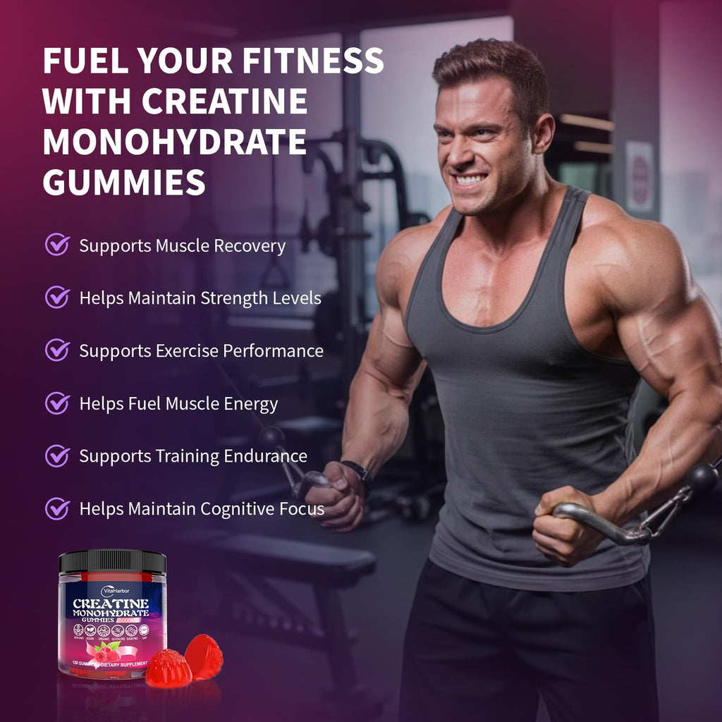 Creatine Monohydrate Gummies 5000mg for Men & Women, Organic Pure Creatine Gummies | Sugar Free,Vegan, Non-GMO,Raspberry Flavor, 120 Count