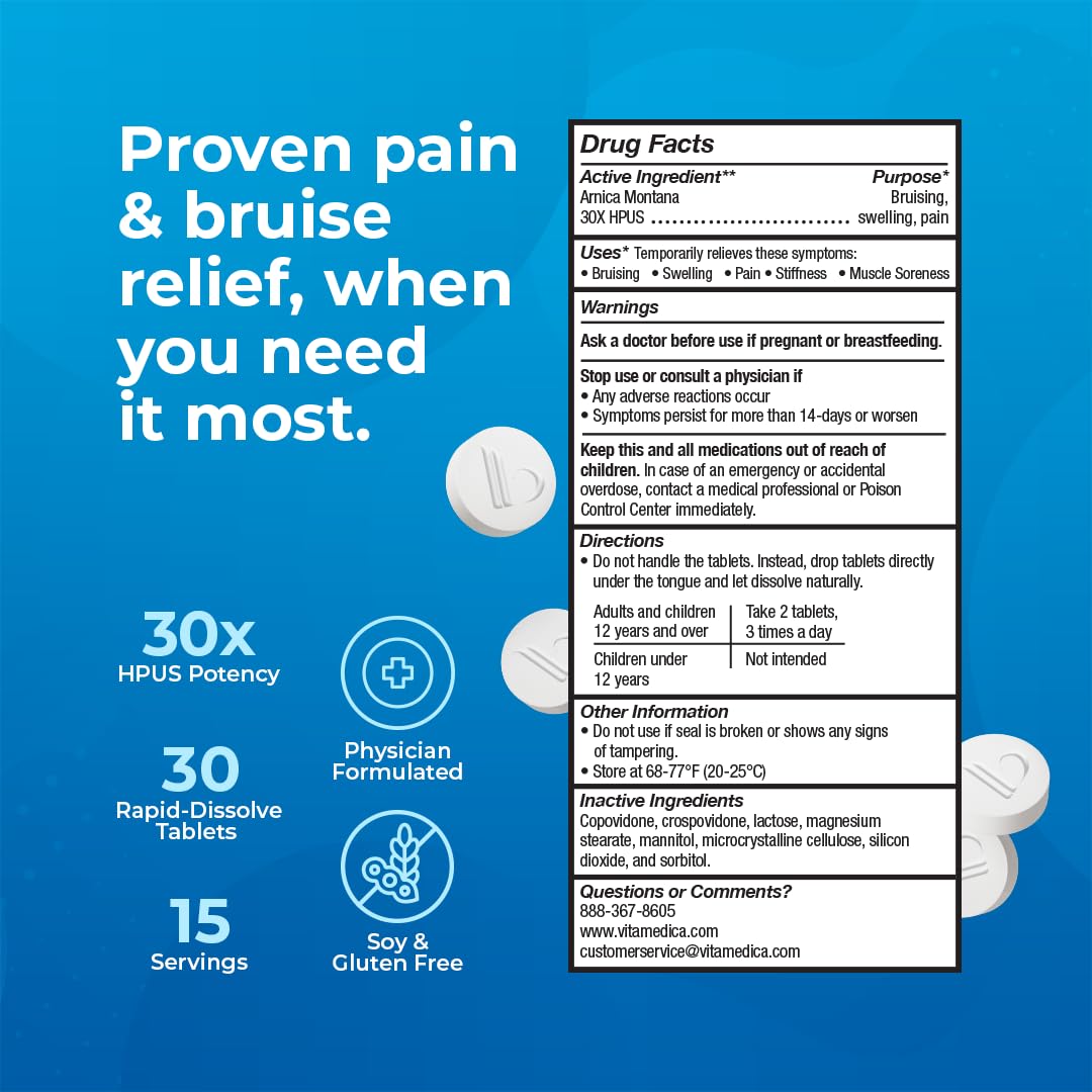Arnica Montana 30X HPUS, Clinical Grade, Quick Dissolve Tablets, Five-Day Recovery Pack for Pain and Bruise Relief After Surgery or Injury, Natural Healing, Gentle on The Stomach - 30 Count VitaMedicaBuy Supplements Australia
