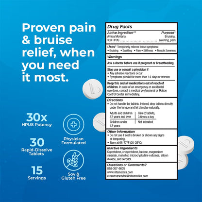 Arnica Montana 30X HPUS, Clinical Grade, Quick Dissolve Tablets, Five-Day Recovery Pack for Pain and Bruise Relief After Surgery or Injury, Natural Healing, Gentle on The Stomach - 30 Count VitaMedicaBuy Supplements Australia