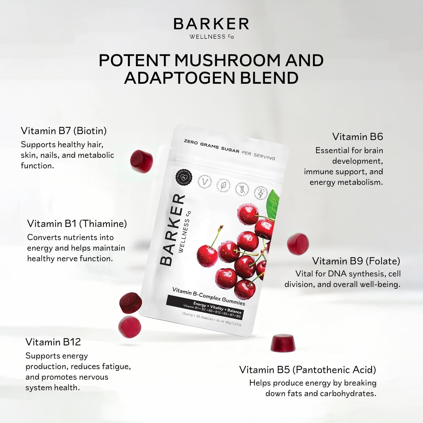 Barker Wellness Vegan B-Complex Gummies – Comprehensive Energy & Metabolism Boost with B1, B5, B6, B7 Biotin, B9 Folate, B12