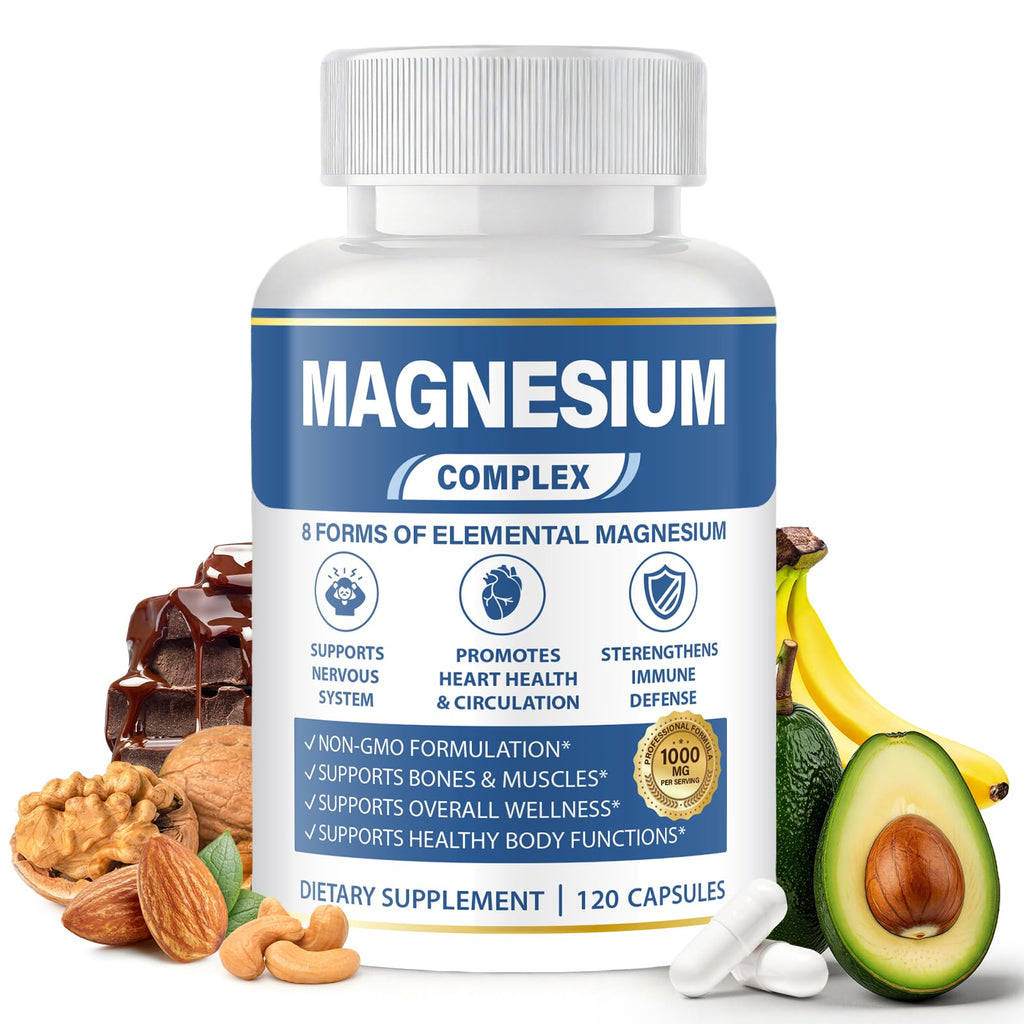 Bottle of magnesium supplement with health benefits listed, surrounded by nuts, chocolate, and avocado on a white background.