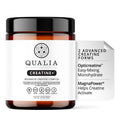 Qualia Creatine+ supplement jar with a white label on a white background