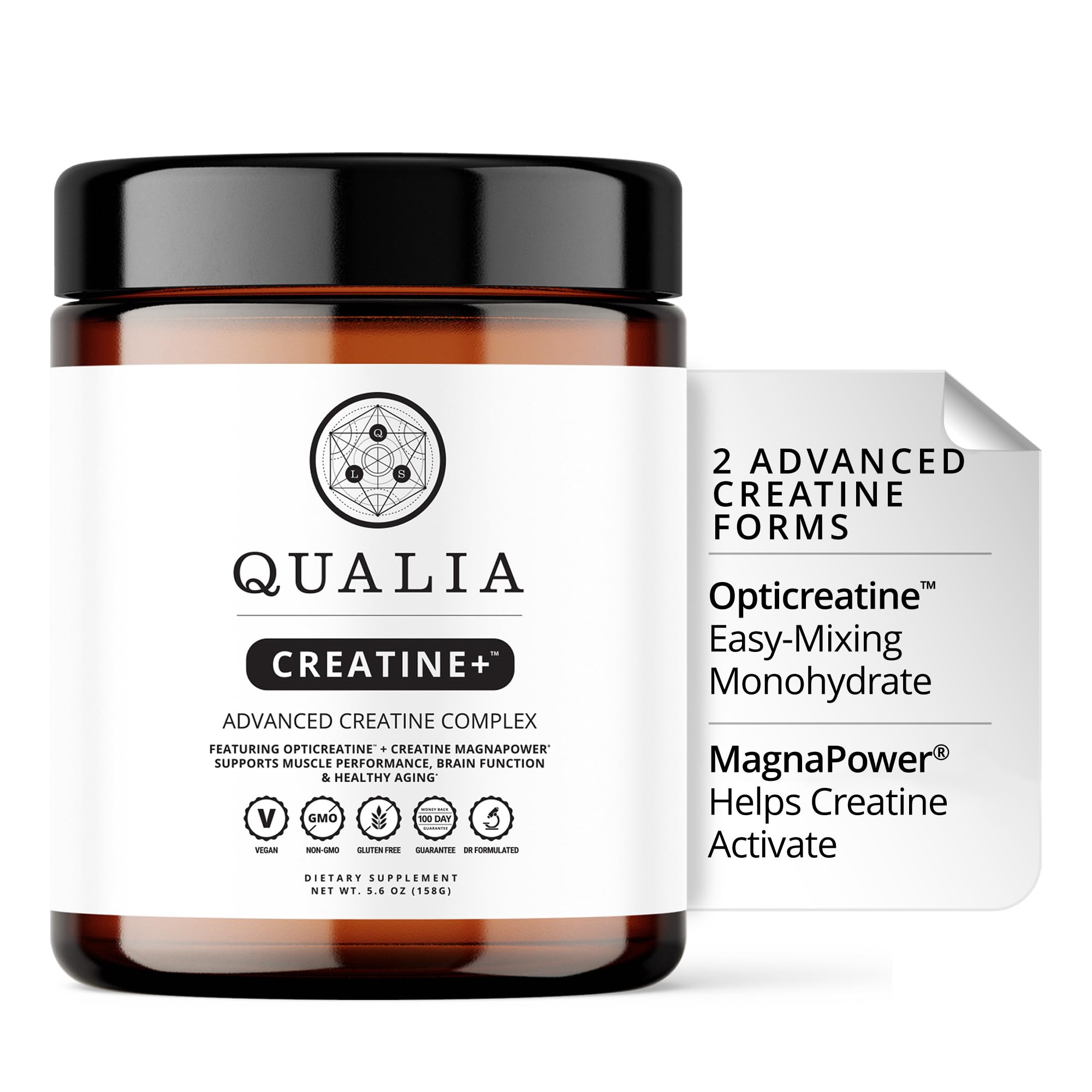 Qualia Creatine+ supplement jar with a white label on a white background