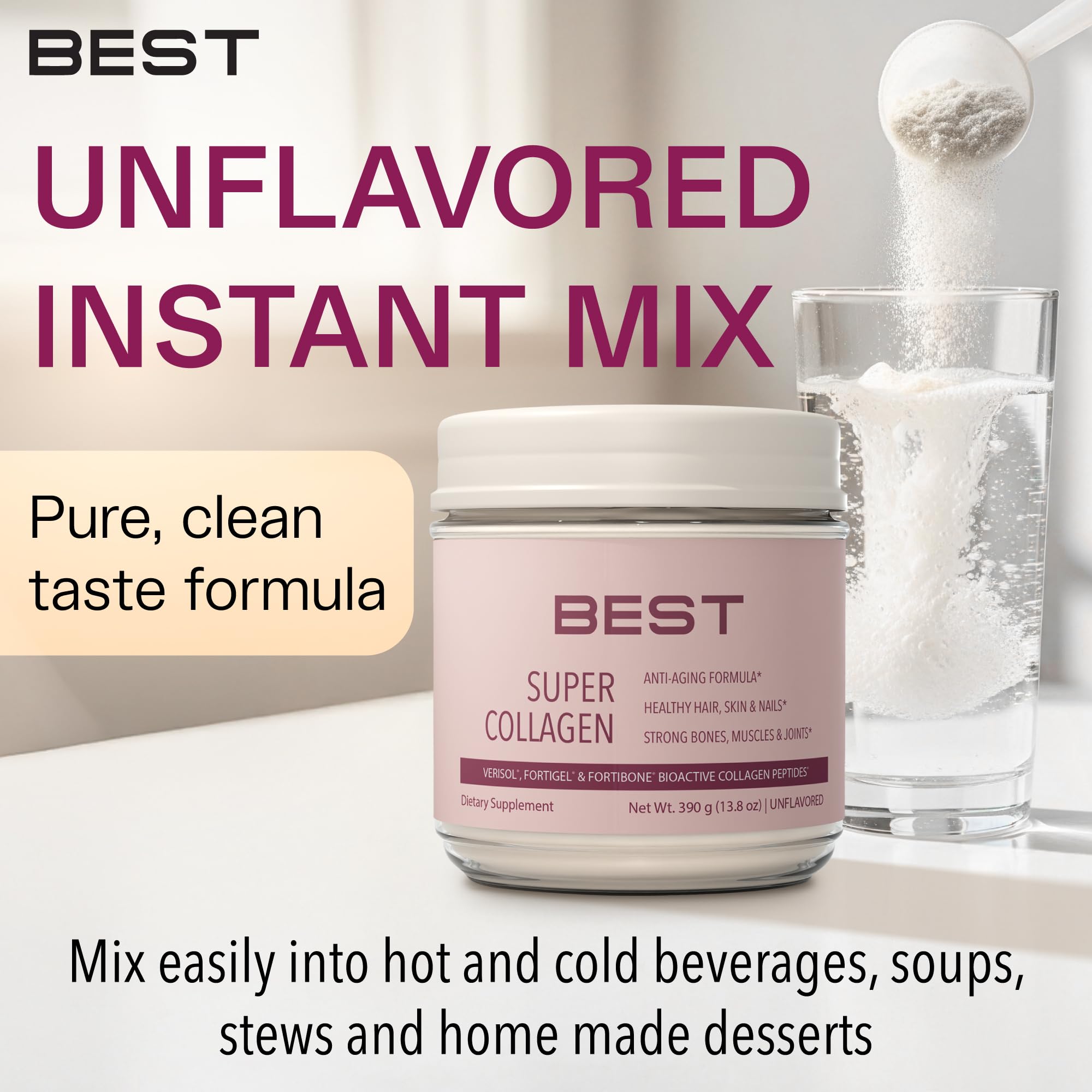 FORTIBONE® Collagen - 3 Clinically-Supported Bioactive Collagen Peptides with FORTIBONE®, FORTIGEL®, VERISOL® Unflavored Collagen for Women - Reduce Wrinkles,