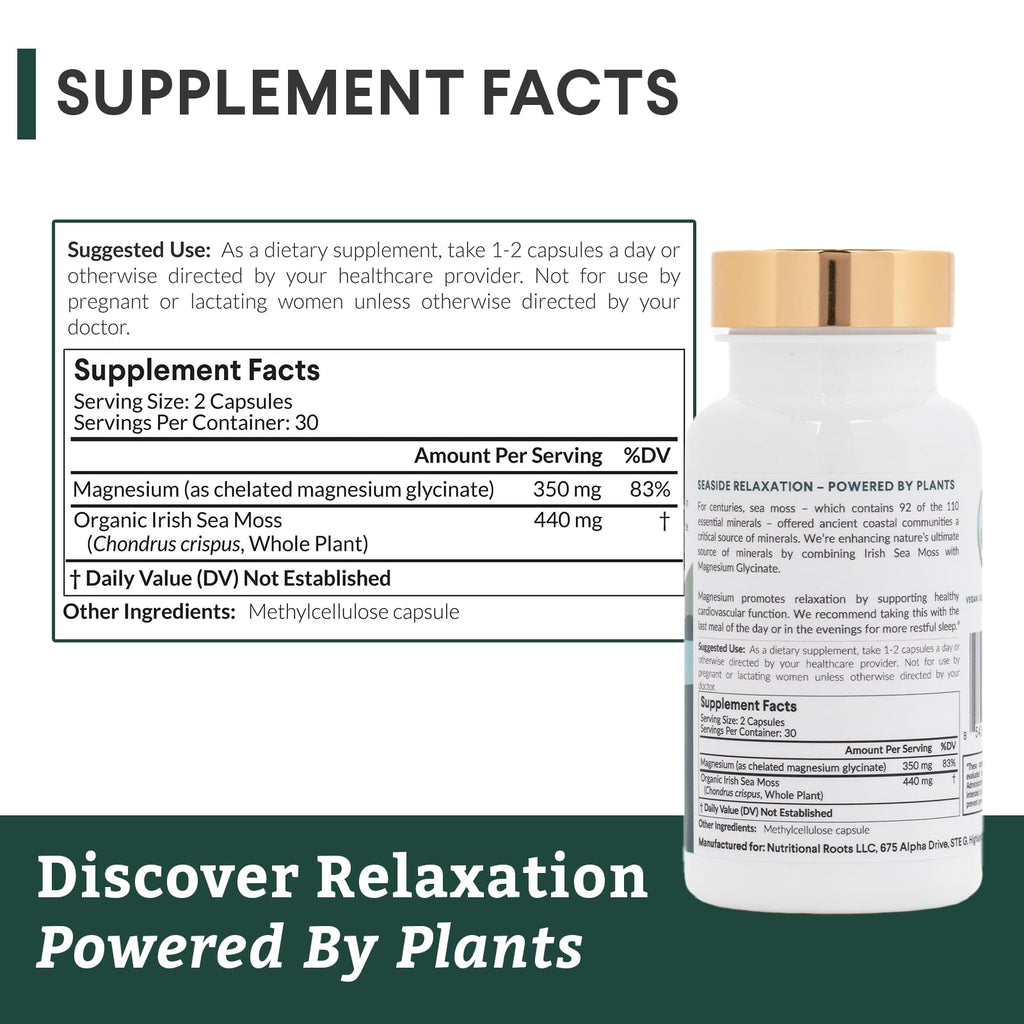 Nutritional Roots - Magnesium + Irish Sea Moss - 350mg Magnesium Glycinate & Organic Irish Sea Moss - Essential Minerals - Supports Heart & Bone Health - Dietary Supplement - 30 Servings - 60 Capsules Nutritional RootsBuy Supplements Australia