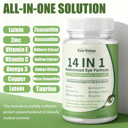 EVERVISION 14 in 1 Advanced Eye Formula, Eye Vitamin and Mineral Supplement with Zinc, Lutein, Zeaxanthin & Bilberry Extract, 60ct EVERVISIONBuy Supplements Australia