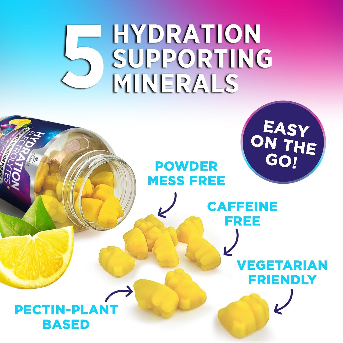 Hydration Electrolyte Gummies - Daily Liquid Replenisher Gummy - Electrolyte Multiplier with Minerals, Potassium & Real Salt - Vegan, Non-GMO - Tasty Lemon Flavor Hydration Electrolytes