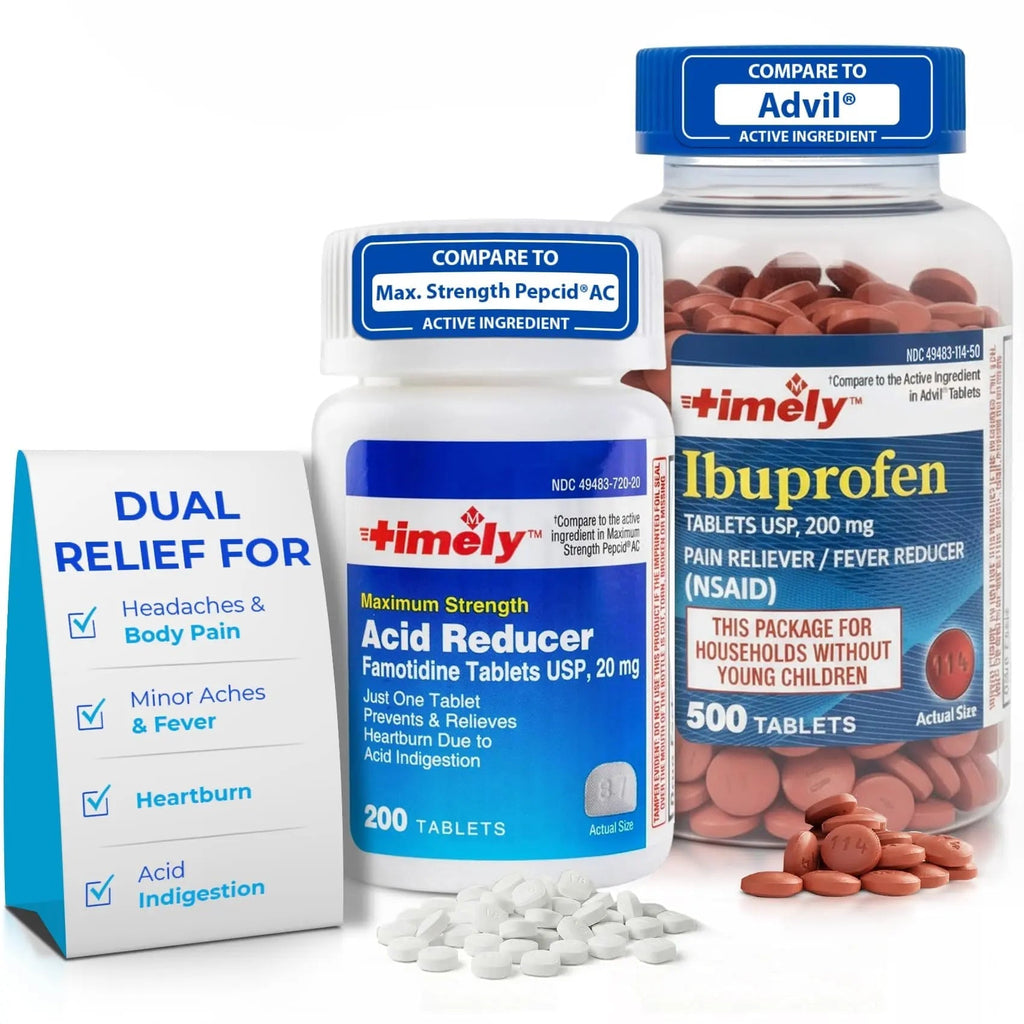 TIME-Cap Labs Ibuprofen 200mg (500 Tablets) & Famotidine 20mg Acid Reducer (200 Tablets) Bundle - Fever, Pain Reliever Pills for Headaches & Heartburn Relief Medicine for Acid Reflux & Indigestion TIME-CAP LABS, INC.Buy Supplements Australia