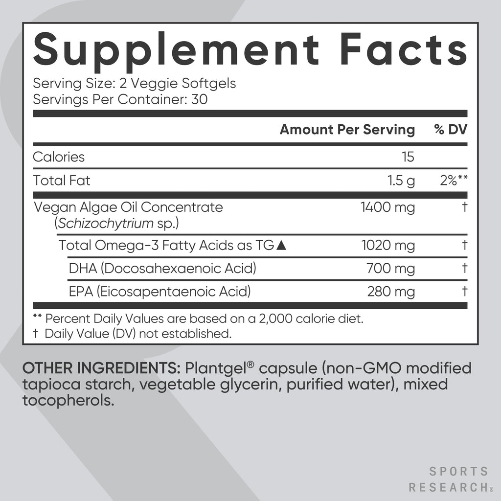 Sports Research Vegan Omega-3 Fish Oil Alternative from Algae Oil - Highest Levels of Vegan DHA & EPA Fatty Acids | Non-GMO Tested & Vegan Certified - 60 Veggie Softgels (Carrageenan Free) Sports Research buy supplements Au