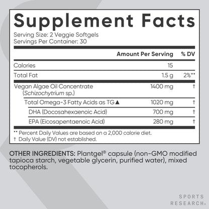 Sports Research Vegan Omega-3 Fish Oil Alternative from Algae Oil - Highest Levels of Vegan DHA & EPA Fatty Acids | Non-GMO Tested & Vegan Certified - 60 Veggie Softgels (Carrageenan Free) Sports Research buy supplements Au