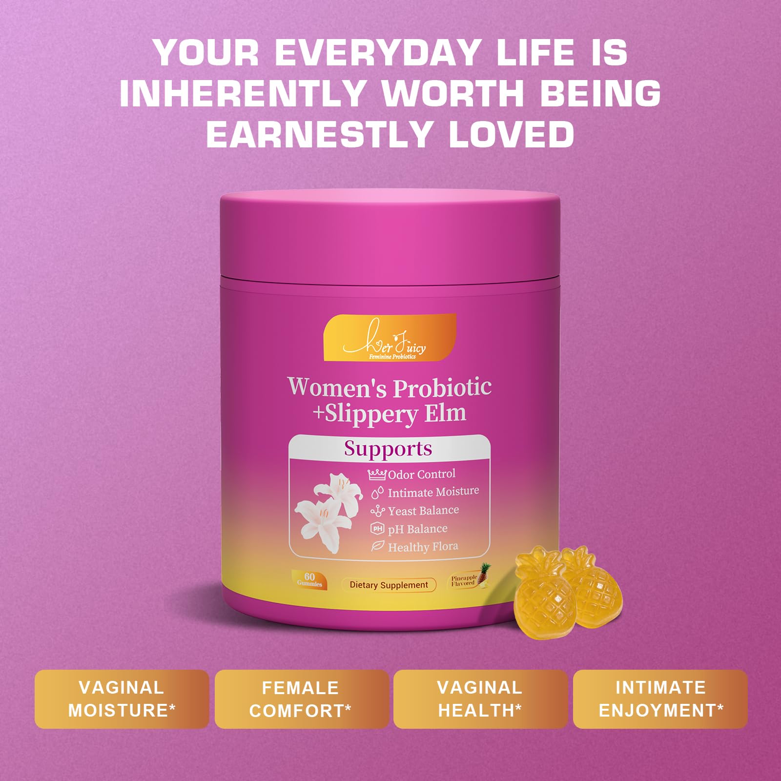 Brurtzexs Her Juicy Feminine Probiotics Gummies for Women with Slippery Elm - Pineapple Flavor, pH Balance & Immune Health Support - Digestive & Feminine Support - Vegan Supplement, 60 C Brurtzexs buy supplements Au