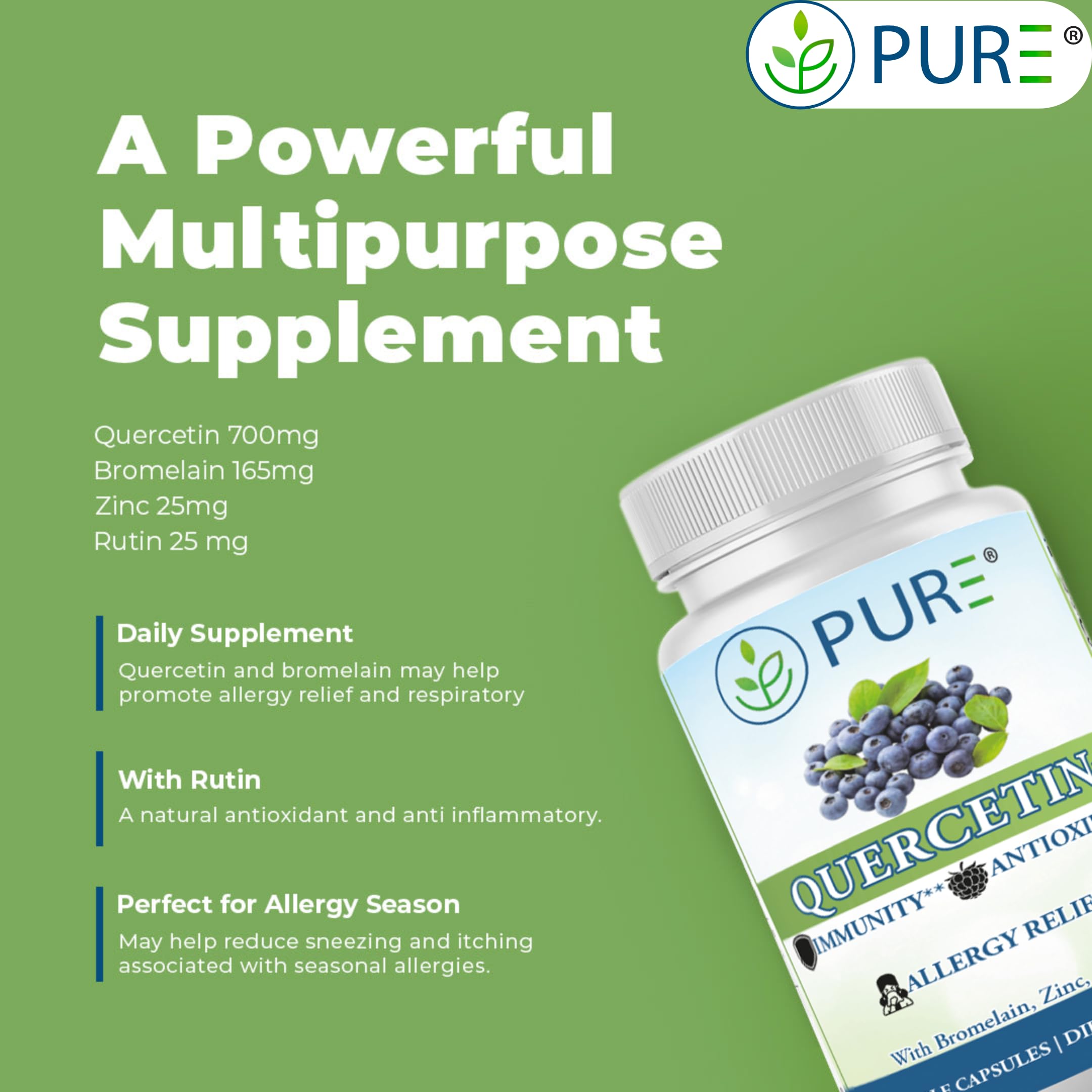 PURE® Quercetin+ with Zinc, Bromelain, Rutin Immune Shield - 60 Capsules - High Bioavailability Antioxidant Complex for Respiratory Health & Viral Defense - Made in USA PURE buy supplements Au