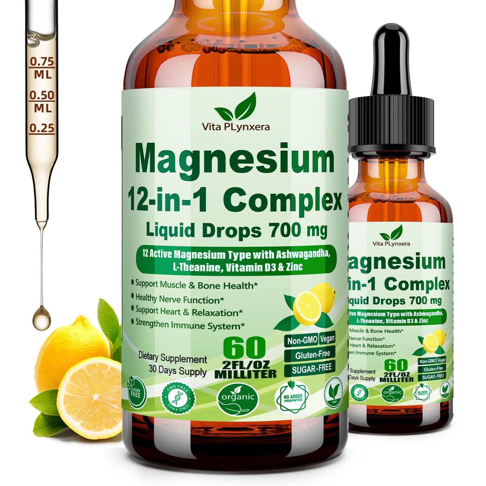 Vita Plynxera Magnesium 12-in-1 Complex Liquid Drops bottle with lemons on a white background