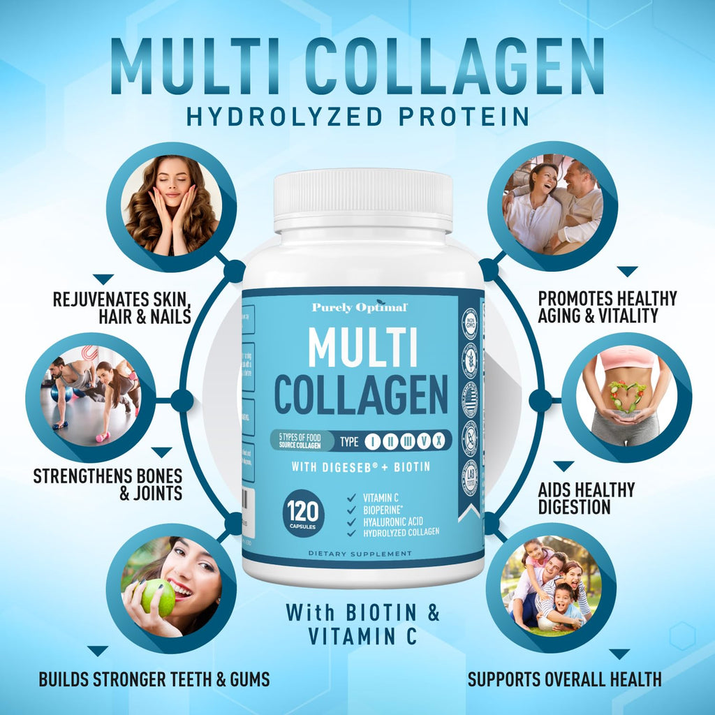 Premium Multi Collagen Peptides (Types I, II, II, V, X) - Collagen Pills for Skin Care, Hair Growth, Nails & Joints - Vitamin C, Hyaluronic Acid