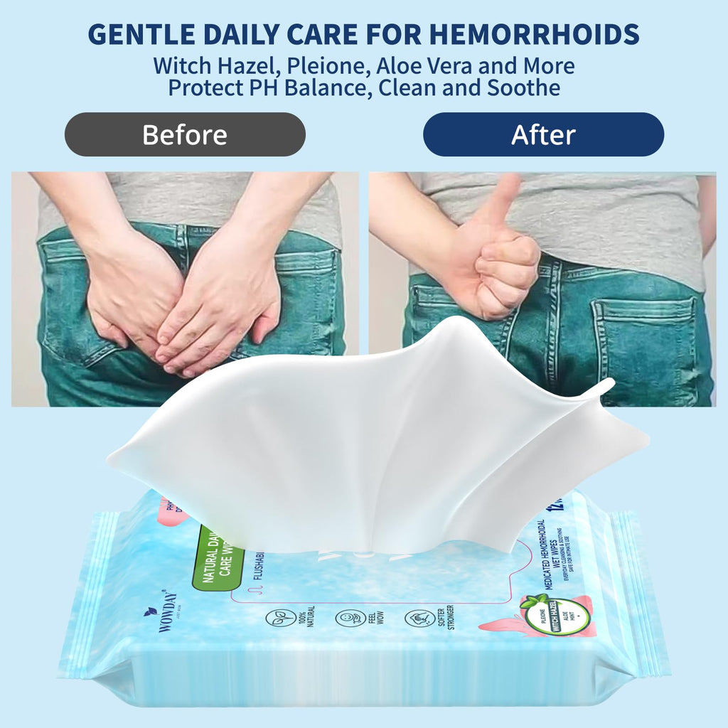 Wowday Flushable Hemorrhoid Wipes | Medicated Witch Hazel Wipes Ph Balanced | 112 Count Natural Fragrance Free Adult Hemorrhoids Witch Hazel Wipe for Butt Itch WowDayBuy Supplements Australia