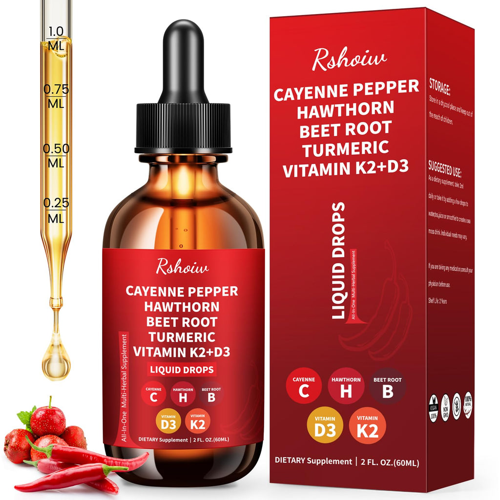 Vitamin supplement bottle and packaging with dropper and ingredients on a white background