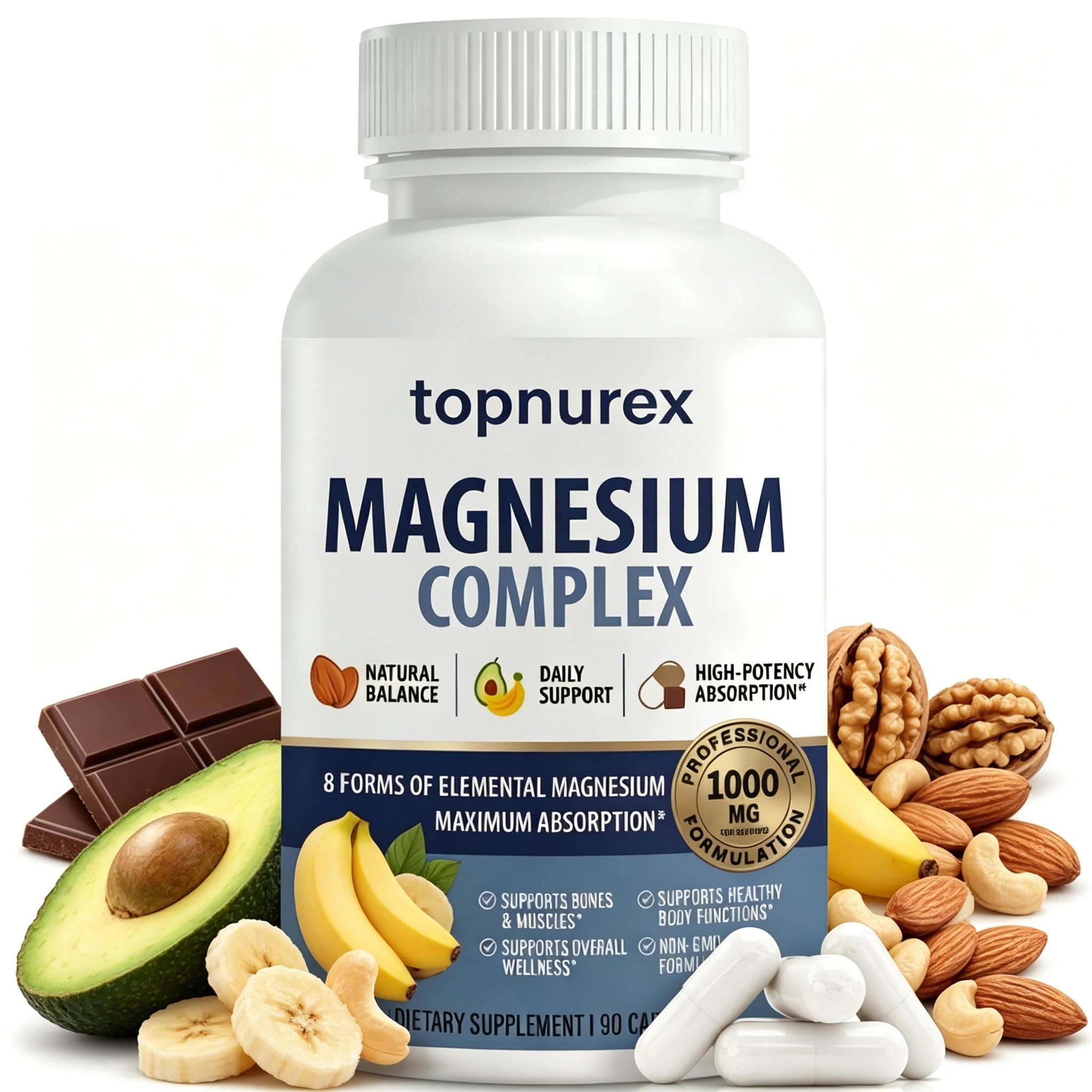 Topnurex Magnesium Complex supplement bottle with health benefits displayed.