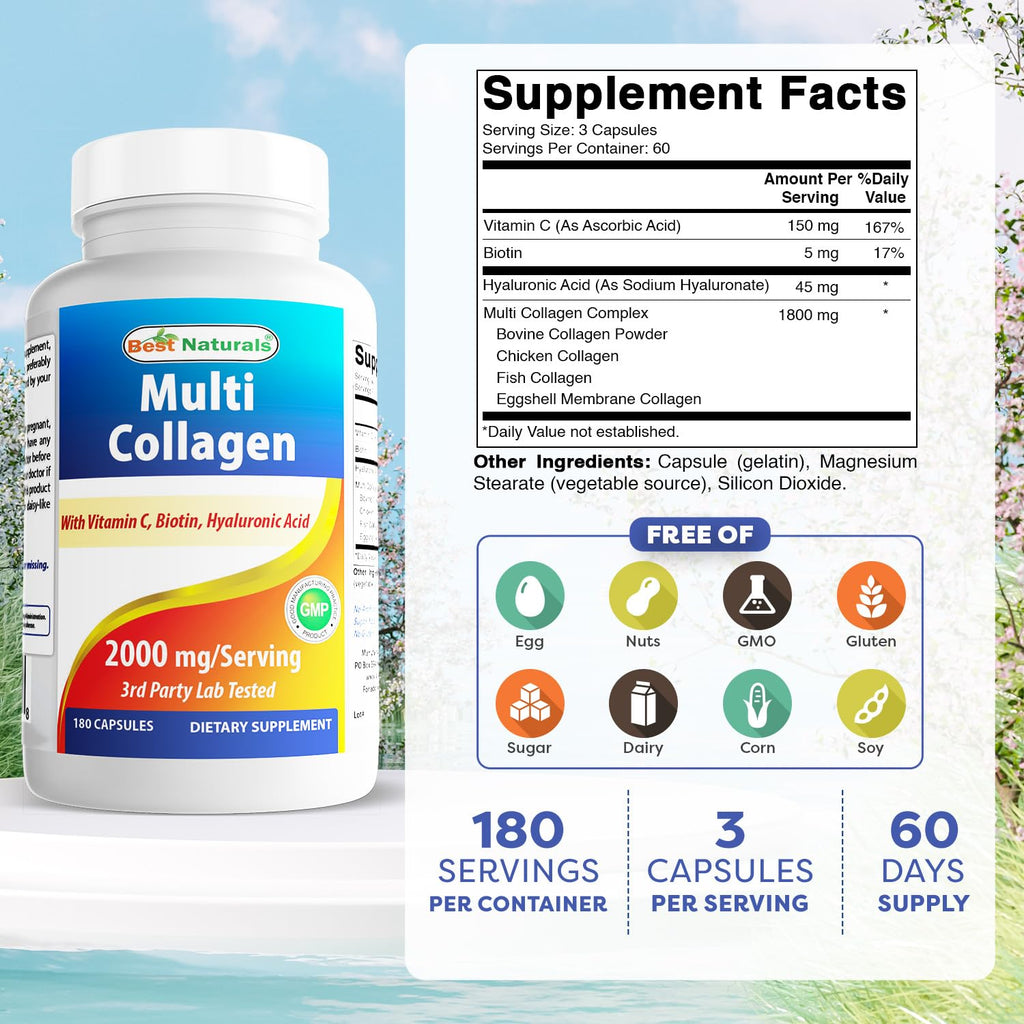Best Naturals Multi Collagen Pills 2000mg for Women & Men - Hydrolyzed Collagen Peptides Capsules for Hair Skin and Nails with Types I II III V X, Biotin, Hyaluronic Acid & Vitamin C Best Naturals buy supplements Au