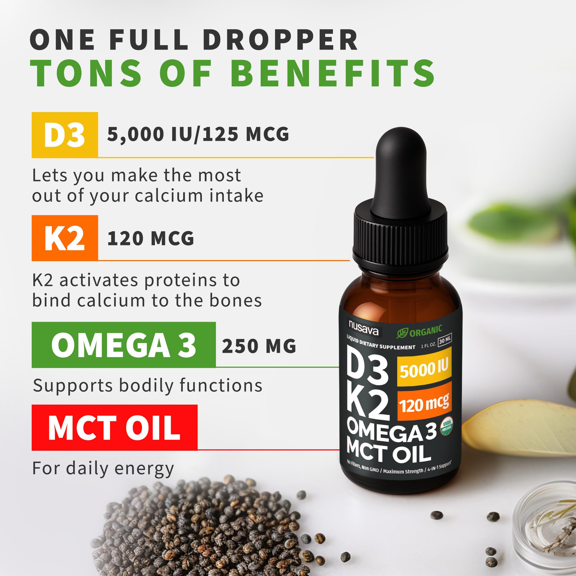 (2 Pack) Organic Vitamin D3 K2 Drops with MCT Oil Omega 3, 5000 IU, Maximum Strength Vitamin D Liquid, No Fillers, Non-GMO Liquid D3 for Faster Absorption and Immune Support (Unflavored, 2 Fl Oz) NUSAVABuy Supplements Australia