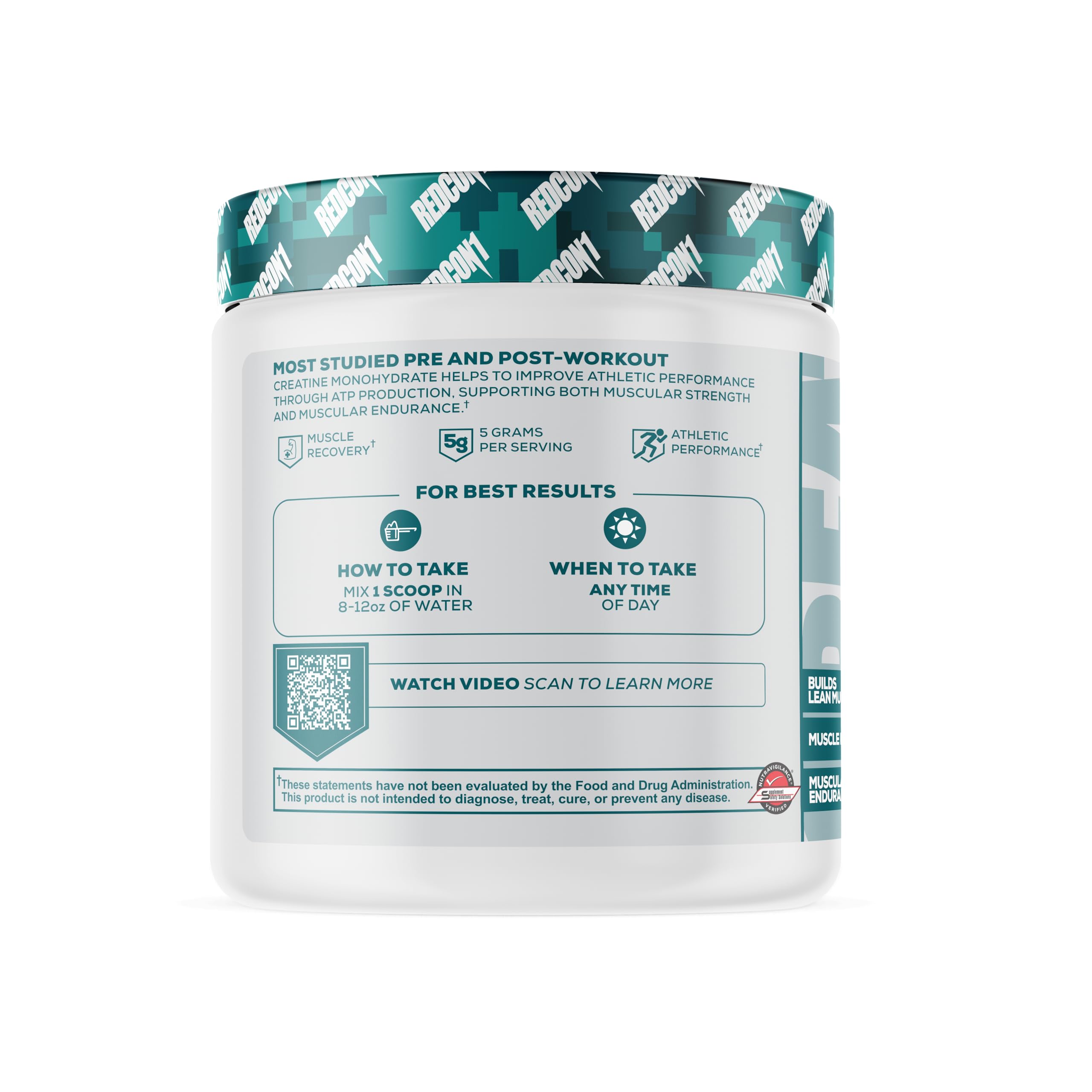 REDCON1 Creatine Monohydrate - Keto Friendly + Vegan Pre & Post Workout Supplement - Creatine Powder to Support Recovery & Athletic Performance (60 Servings)