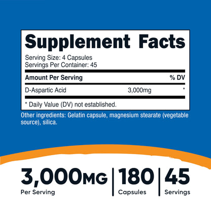 Nutricost D-Aspartic Acid (DAA) Capsules 3000mg Per Serving (180 Capsules) - Non-GMO