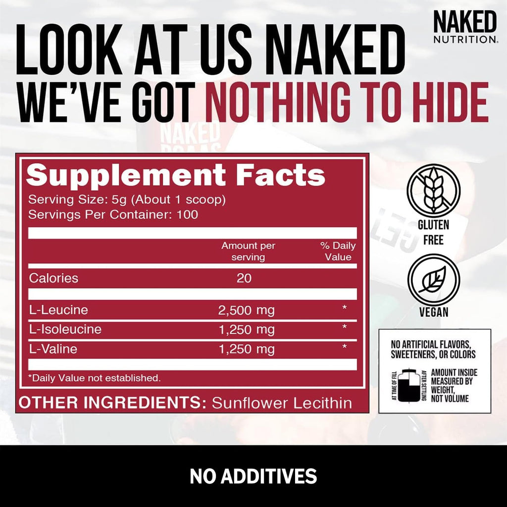 NAKED BCAAs Amino Acids Powder, Only 1 Ingredient, Pure 2:1:1 Formula, Vegan Unflavored Branched Chain Amino Acids, Instantized All Natural BCAA Supplement - 500 Grams, 100 Servings