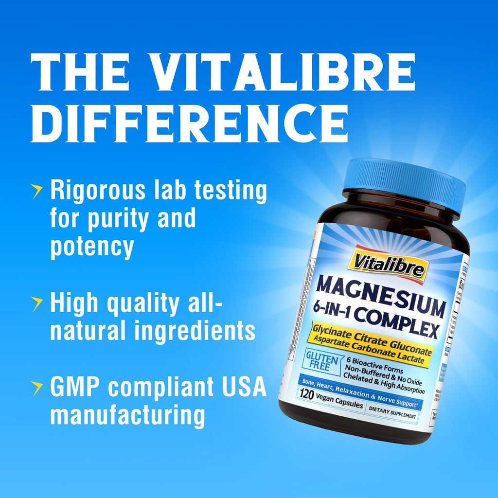 Vitalibre 6 in 1 Magnesium Complex for Women Men, 260mg Elemental Magnesium | Max Absorption | Chelated Magnesium Supplement for Bone, Relaxation & Nerves Support | Non-GMO, 120 Vegan Capsules Vitalibre buy supplements Au