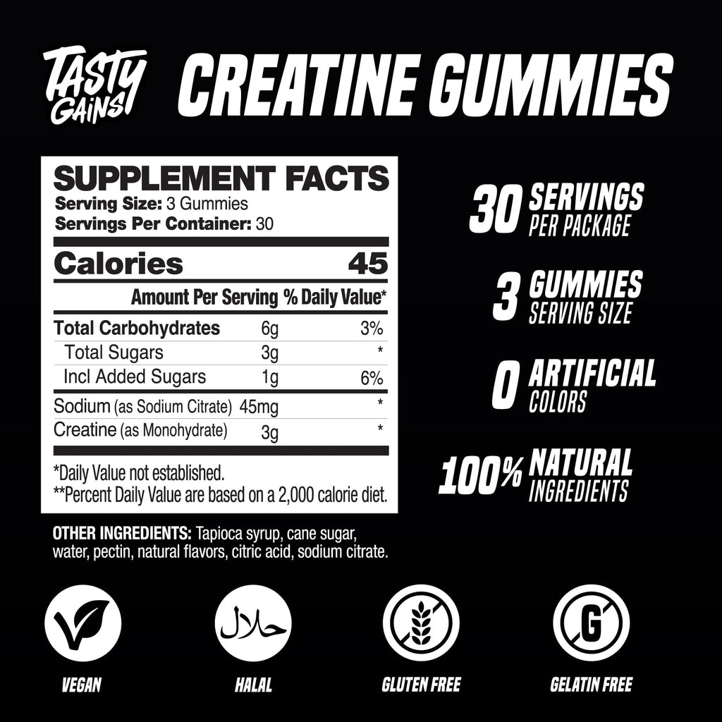 TASTY GAINS Creatine Gummies - 90g of Creatine Monohydrate - Workout Supplements - Build Muscle & Boost Strength for Men & Women - Made in USA