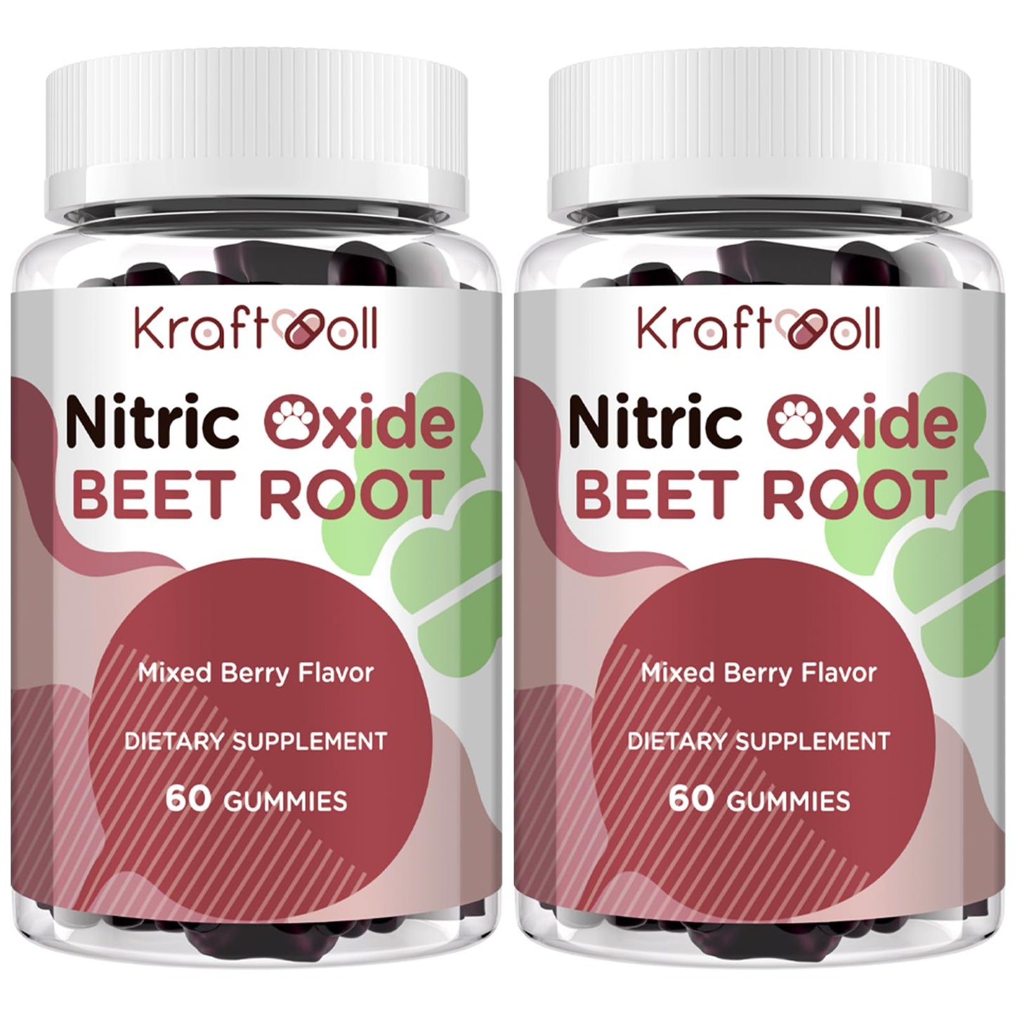 Two bottles of Kraftoll Nitric Oxide Beet Root dietary supplements on a white background