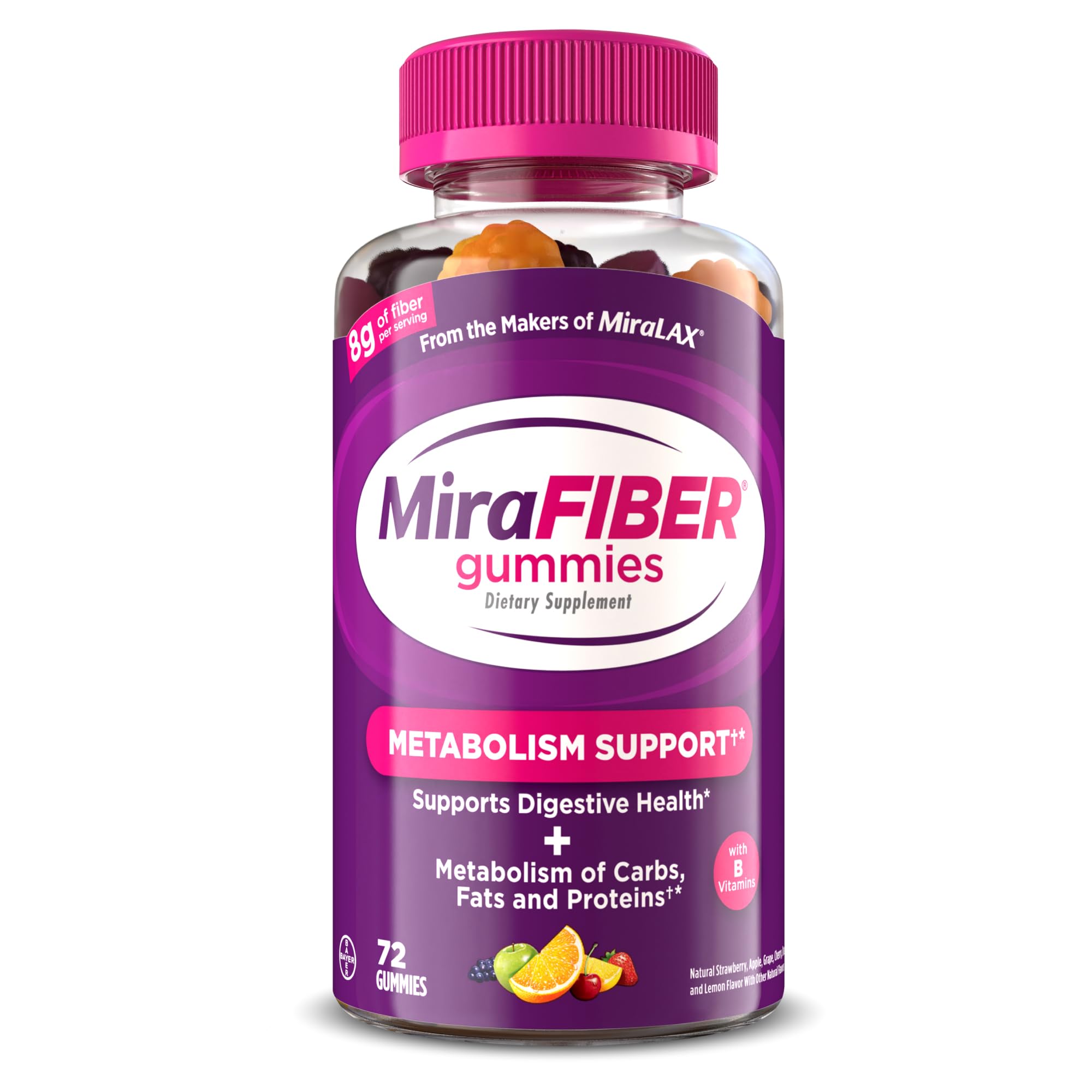 MiraFIBER Gummies from The Makers of MiraLAX, 8g of Daily Fiber Per Serving, Metabolism Support with B Vitamins, Gut Health for Men & Women